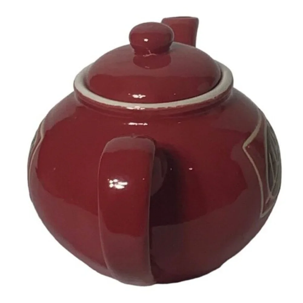 Teapot Vintage Hand Painted Ceramic Multipurpose Mini Earth Tone Rustic Red